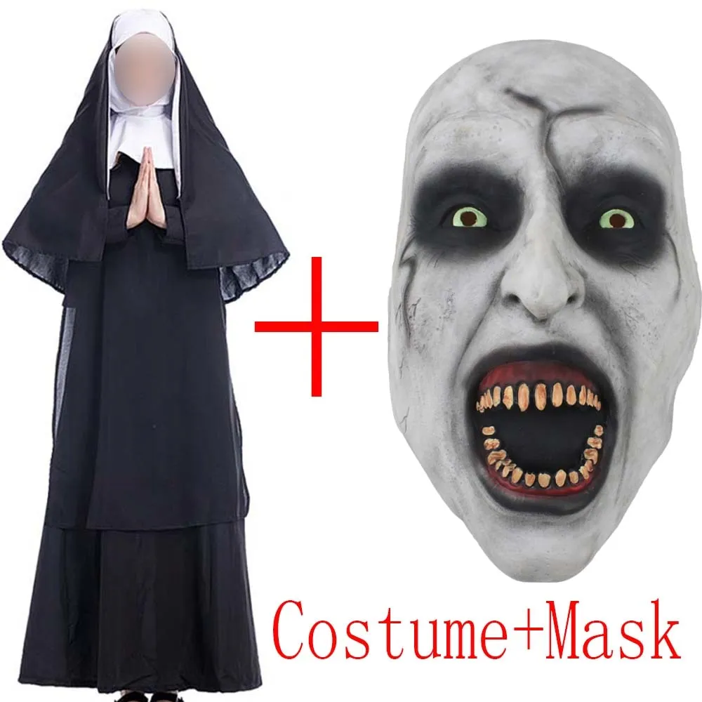 2018 Movie The Nun Costume Mask Cosplay Adult Long Black Scary Nuns Ghost Clothes Uniform Horror Halloween Party Costume Props