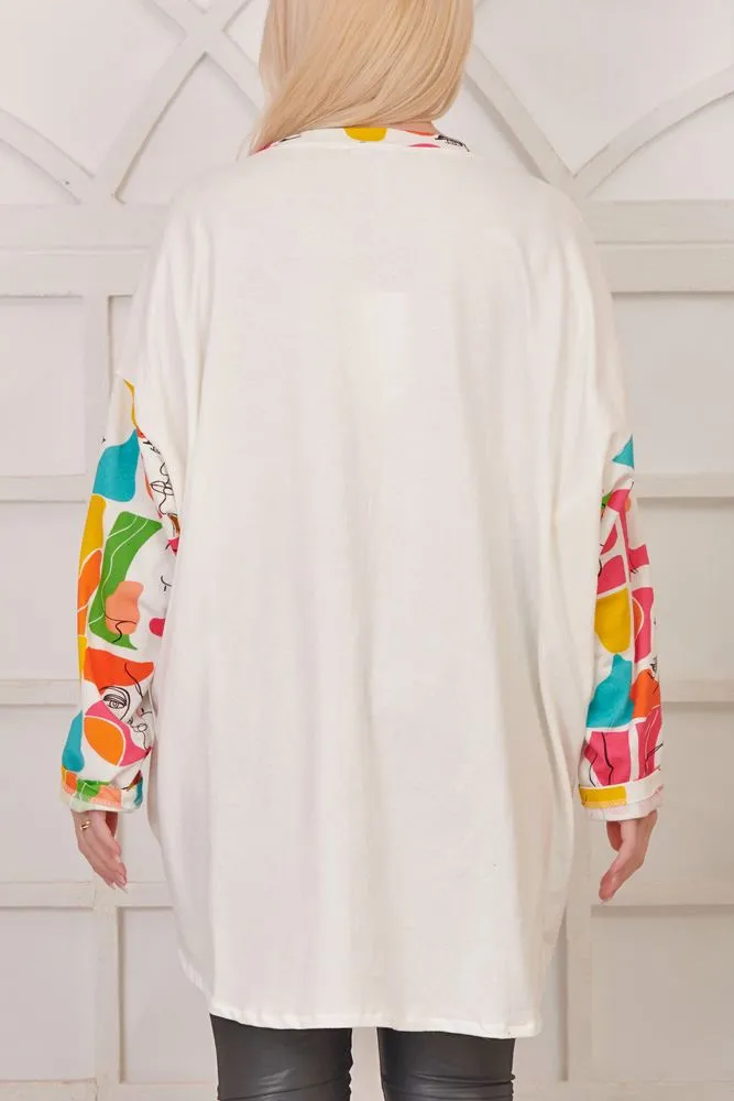 Abstract Face Print Zip Pocket Dipped Hem Cotton Top