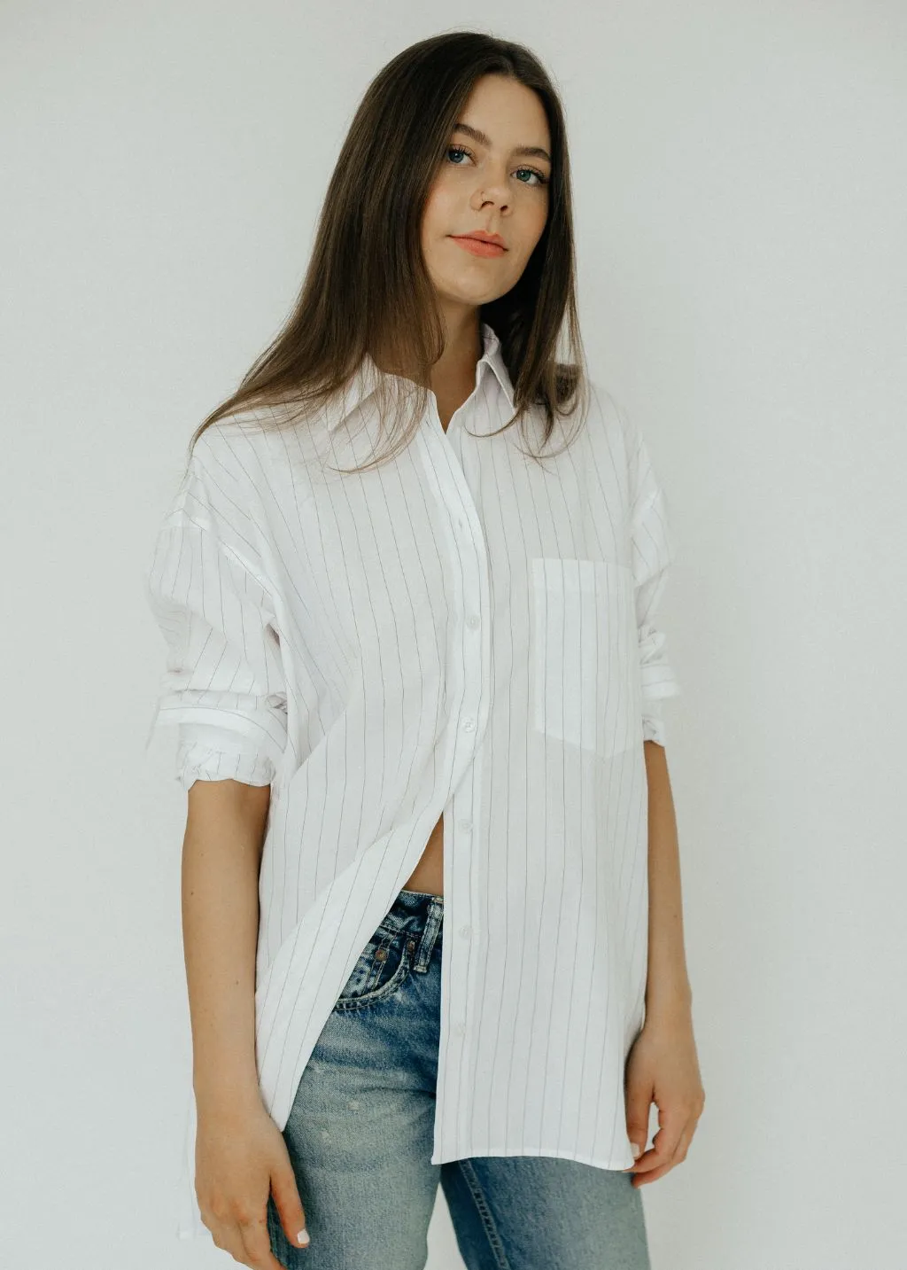 Anine Bing Chrissy Shirt in White and Taupe Stripe