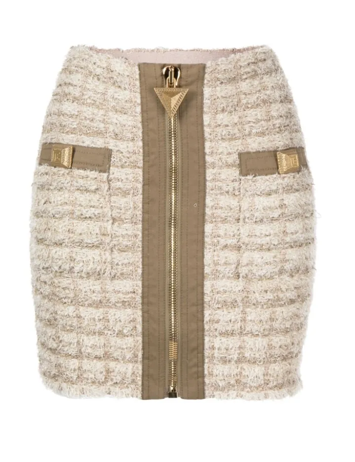 Balmain zip-detail tweed mini skirt