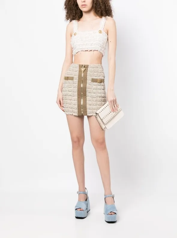 Balmain zip-detail tweed mini skirt