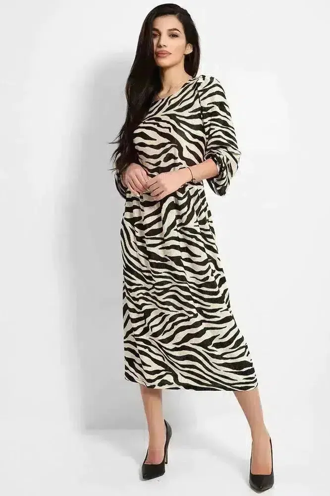 Beige Black Zebra Print Pleated Balloon Sleeves Midi Dress