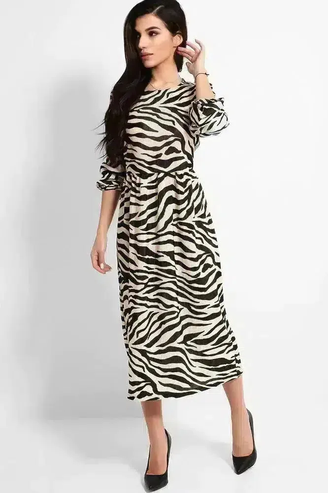 Beige Black Zebra Print Pleated Balloon Sleeves Midi Dress