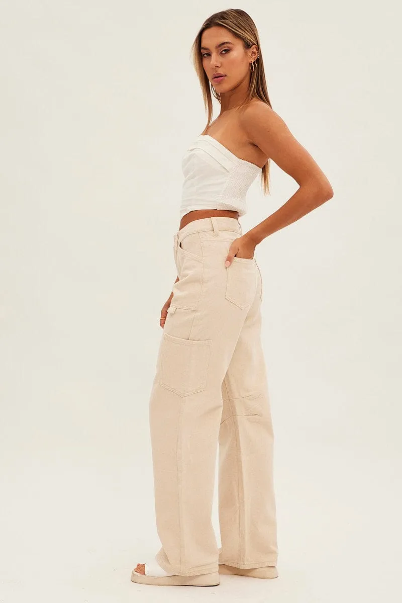 Beige Cargo Jeans Mid Rise