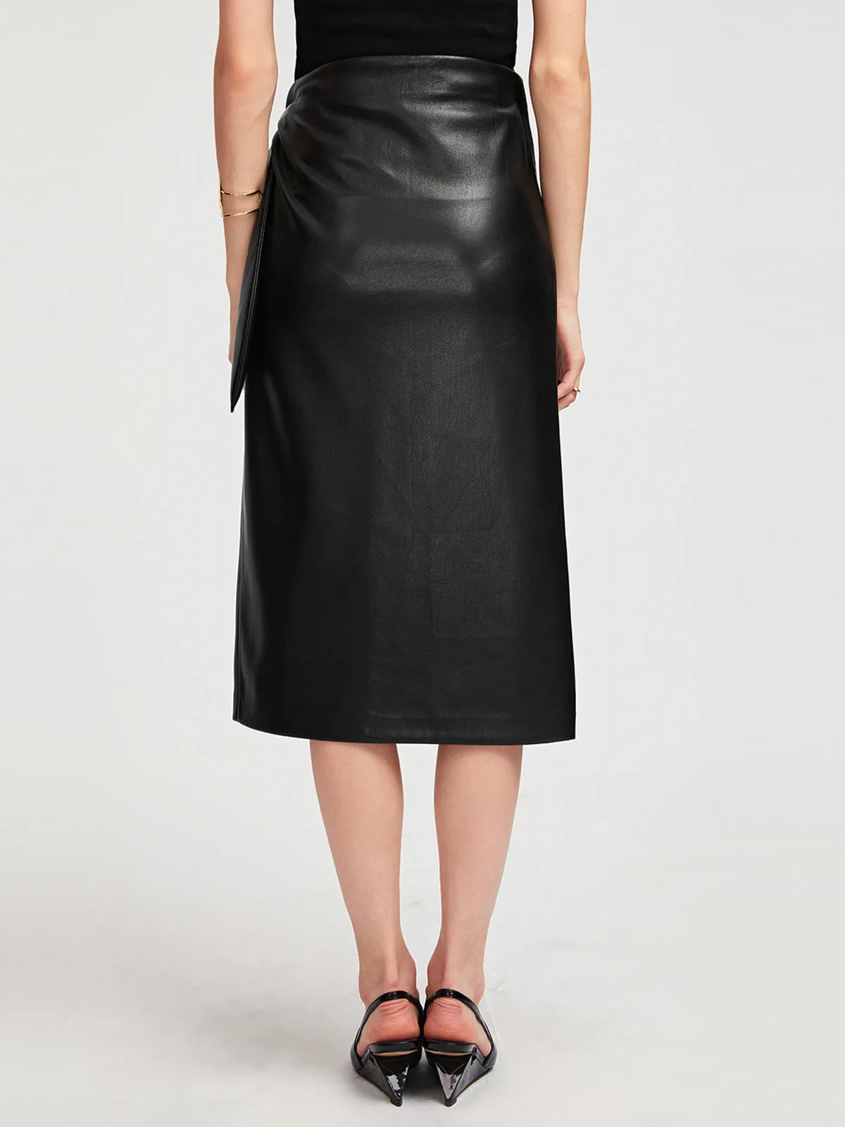 Black Long Wrap Vegan Leather Midi Skirt