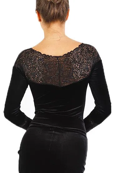 Black Velvet And Lace Bodysuit With Long Sleeves