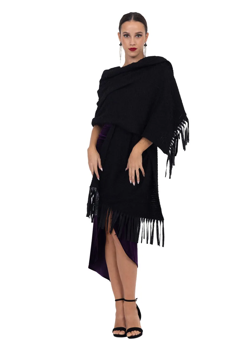 Black Wool-Like Knitted Scarf With Faux Leather Fringe Details