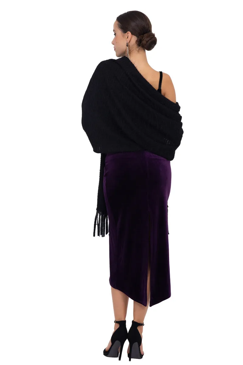 Black Wool-Like Knitted Scarf With Faux Leather Fringe Details