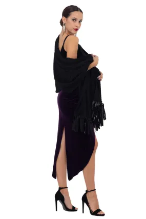 Black Wool-Like Knitted Scarf With Faux Leather Fringe Details