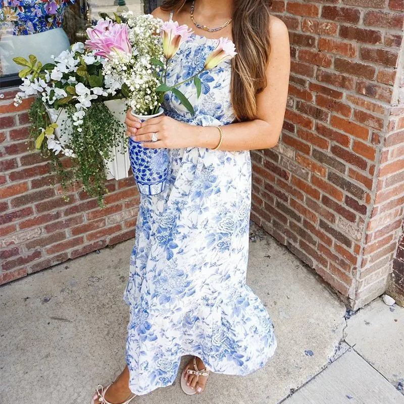 Blue Floral Smocked Print Ruffle Hem Edged Sleveless Midi Dress