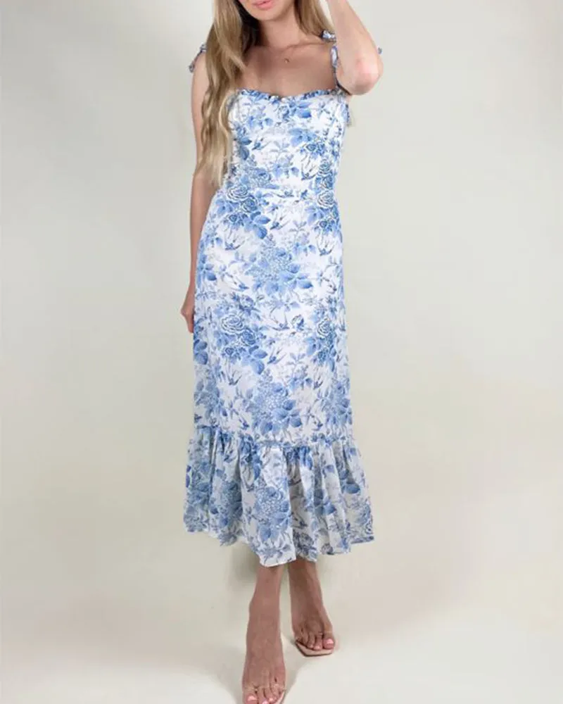 Blue Floral Smocked Print Ruffle Hem Edged Sleveless Midi Dress