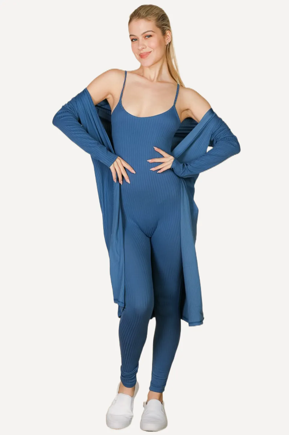 Blue Jumpsuit and Cardigan Set