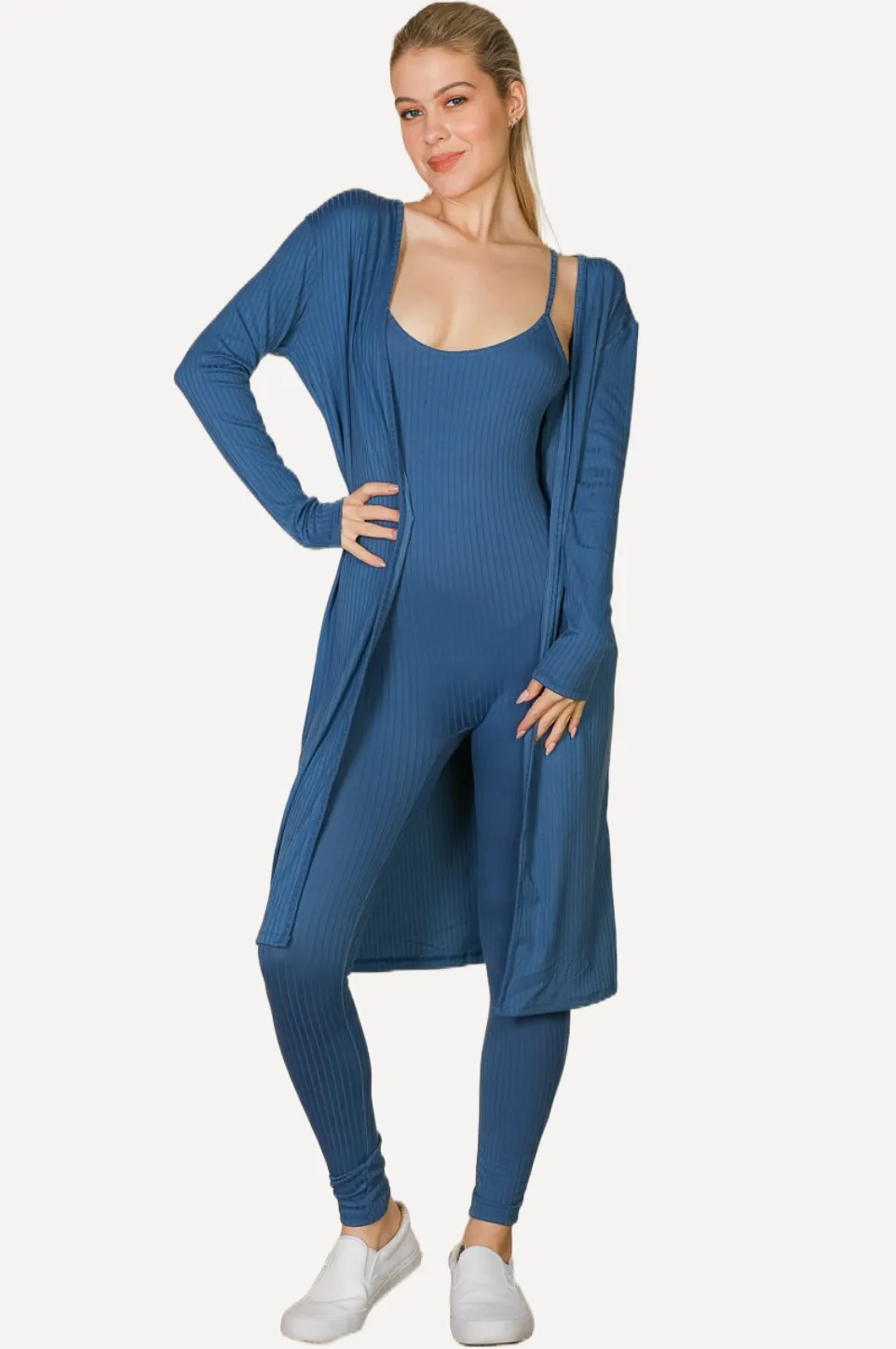 Blue Jumpsuit and Cardigan Set