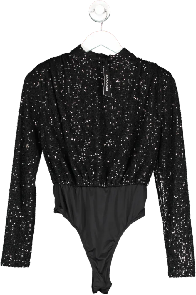 boohoo Black High Neck Sequin Bodysuit UK 8