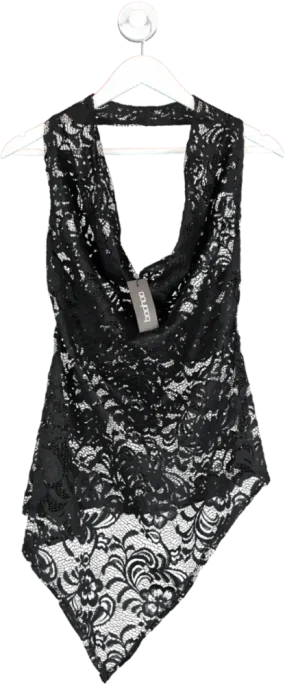 boohoo Black Plunge Halterneck Lace Top UK 12