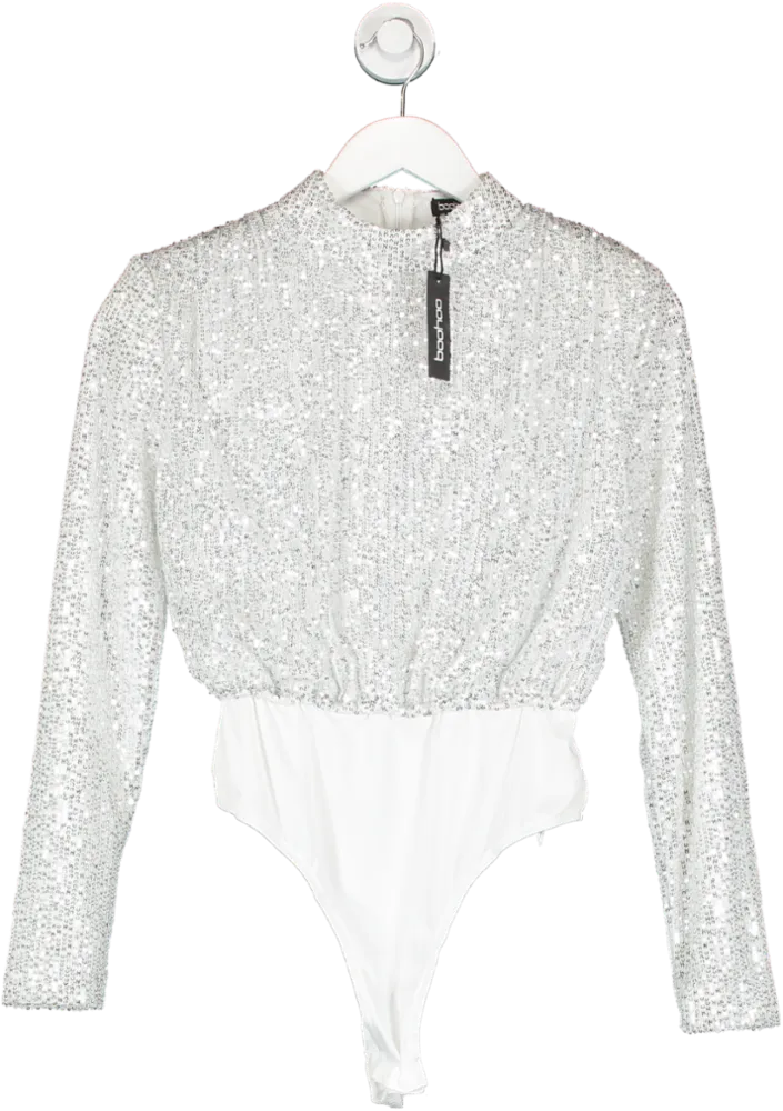 boohoo Metallic High Neck Silver Sequin Bodysuit UK 8