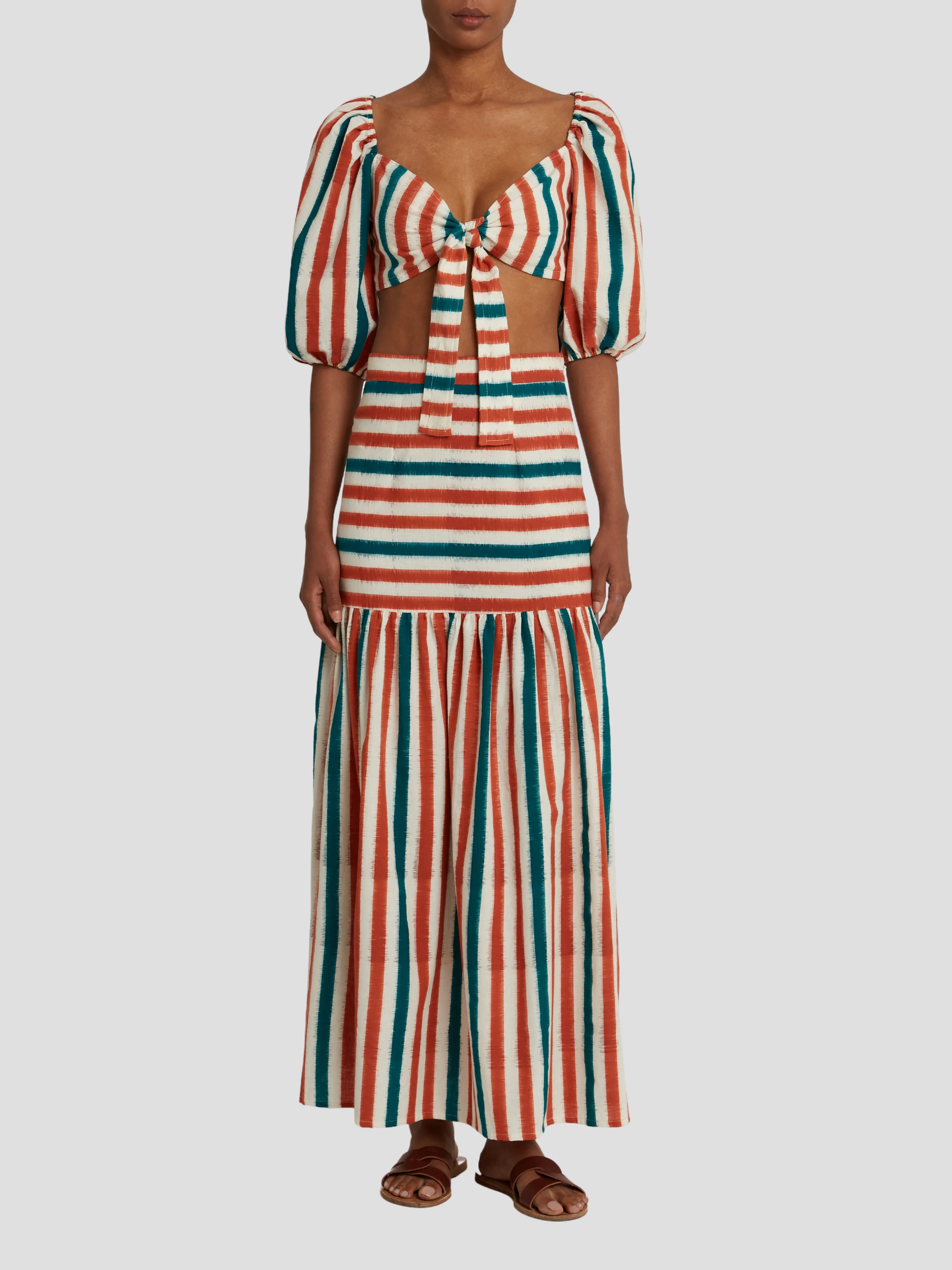 Brown Green Cornelia Ikat Stripes Maxi Skirt