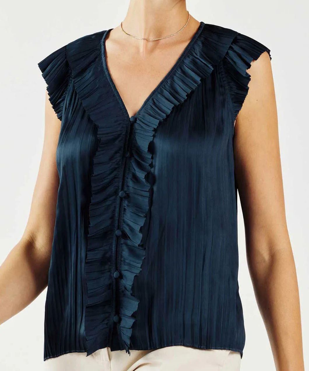 Button Front Pleated Blouse - Navy