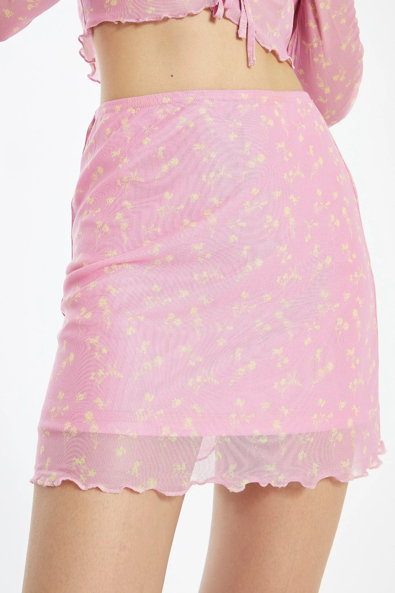 Candy-Pink Floral Mesh Lettuce Hem Mini-Skirt