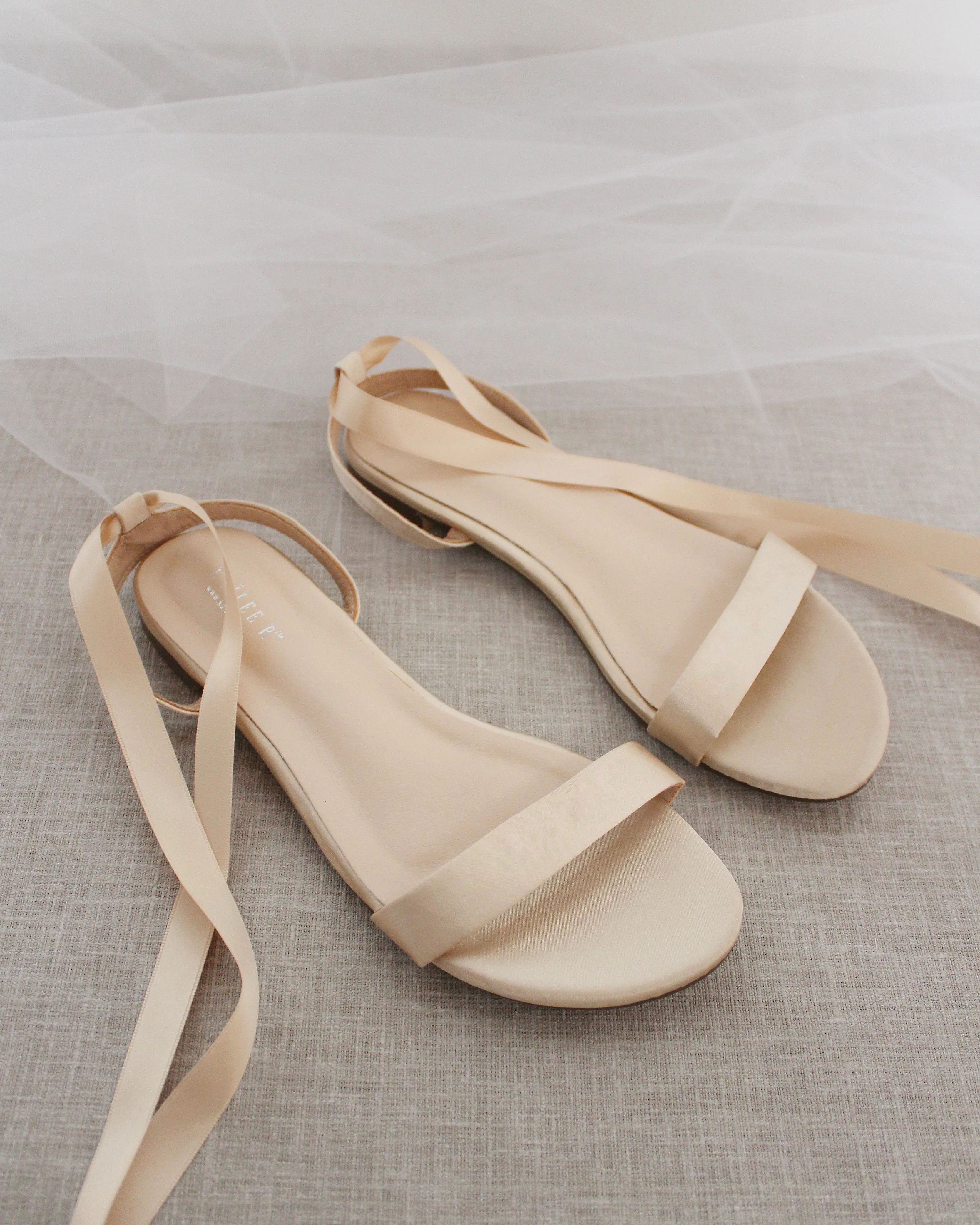 Champagne Satin Flat Sandal with Ballerina Lace Up