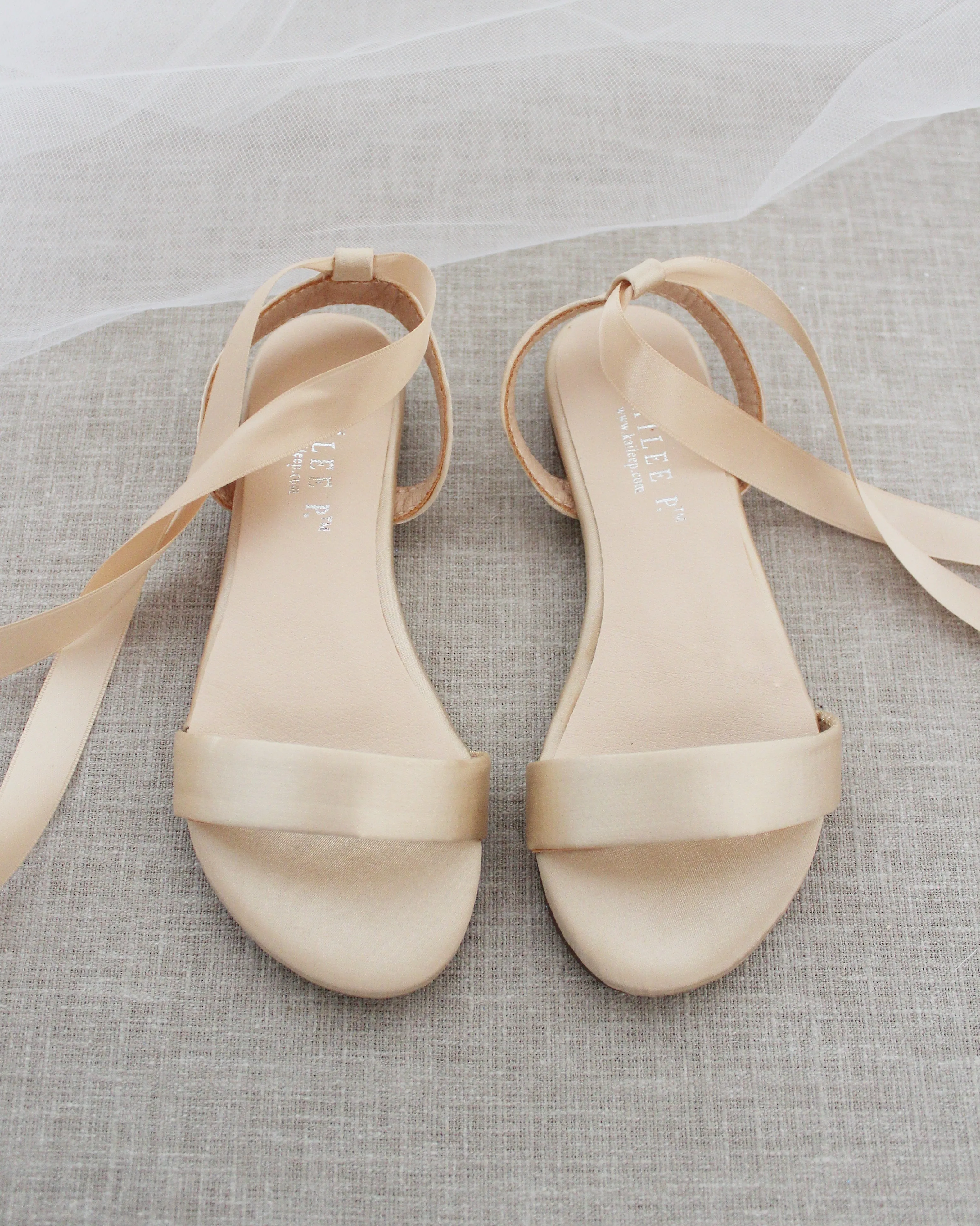 Champagne Satin Flat Sandal with Ballerina Lace Up