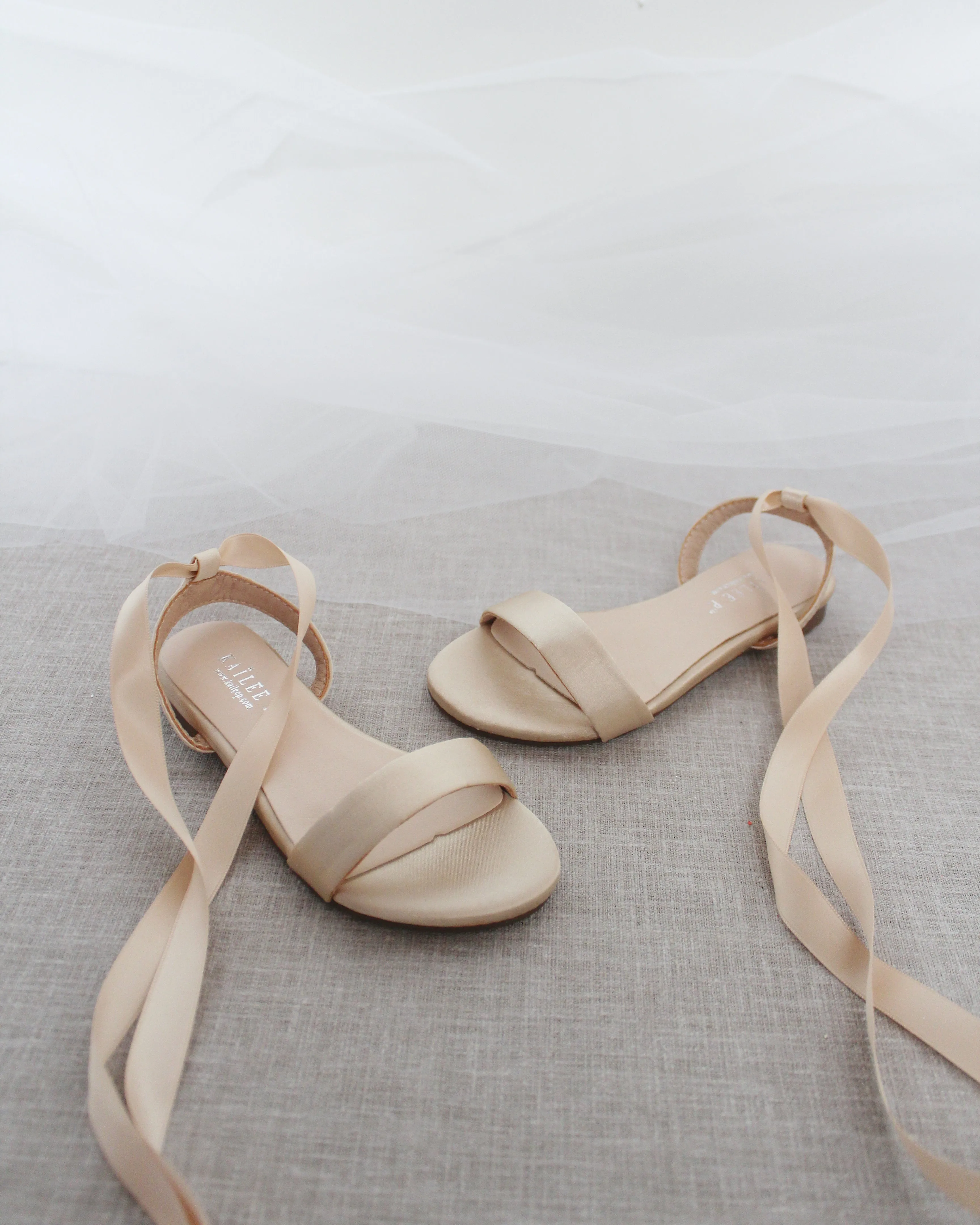 Champagne Satin Flat Sandal with Ballerina Lace Up