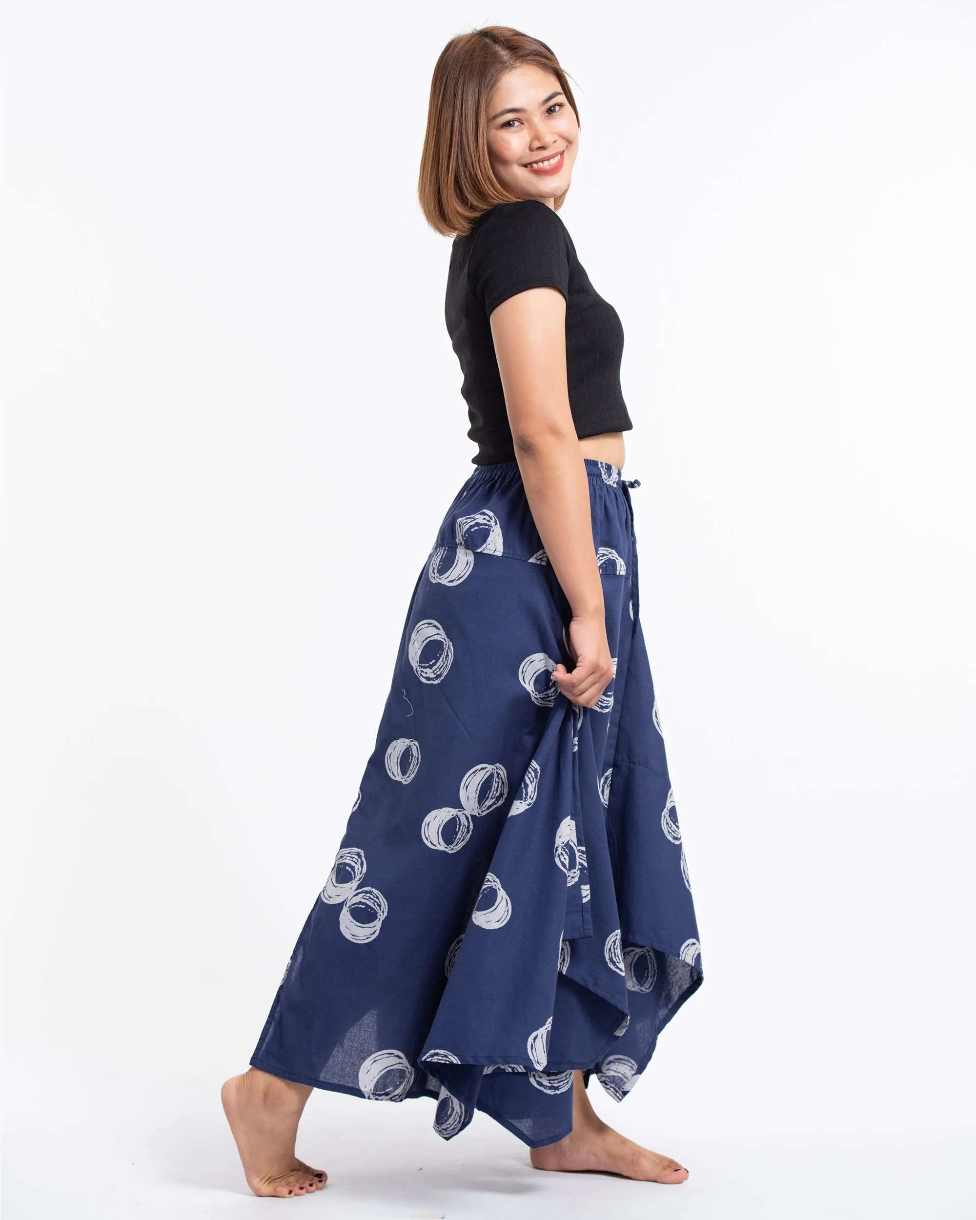 Circles Prints Cotton Handkerchief Midi Skirt in Navy