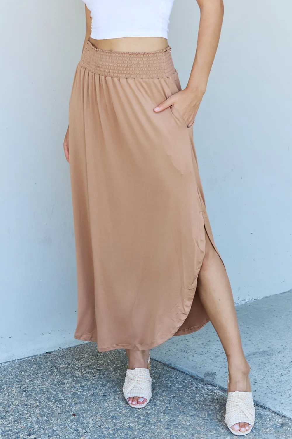 Comfort Princess Full Size High Waist Scoop Hem Maxi Skirt in Tan