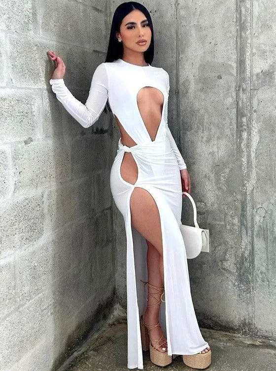 Cut Out Long Sleeve Bodysuit Long Split Skirt Set