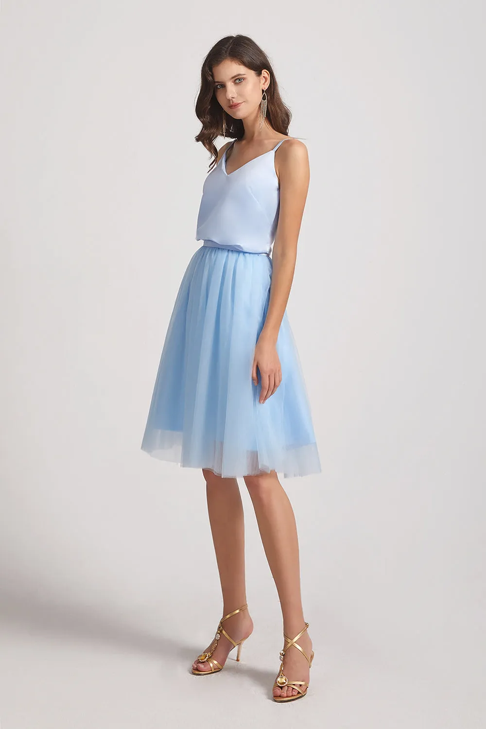 Cute V-Neck Satin Top Tulle Skirt Short Dress (AF0147)