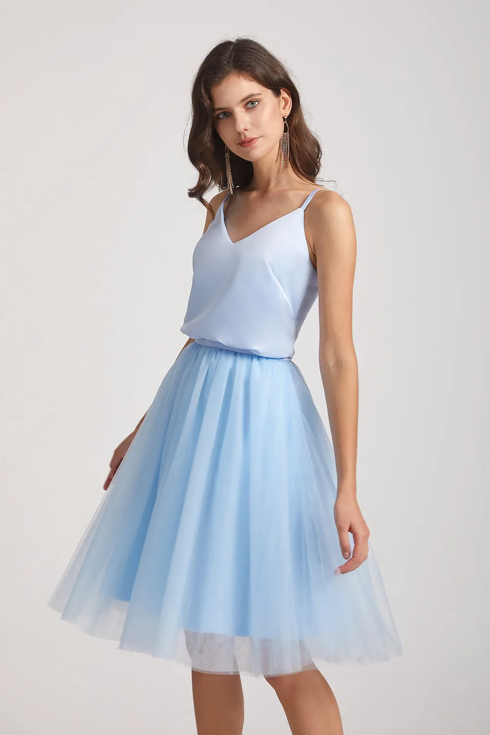 Cute V-Neck Satin Top Tulle Skirt Short Dress (AF0147)