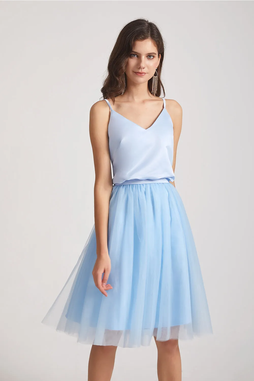 Cute V-Neck Satin Top Tulle Skirt Short Dress (AF0147)