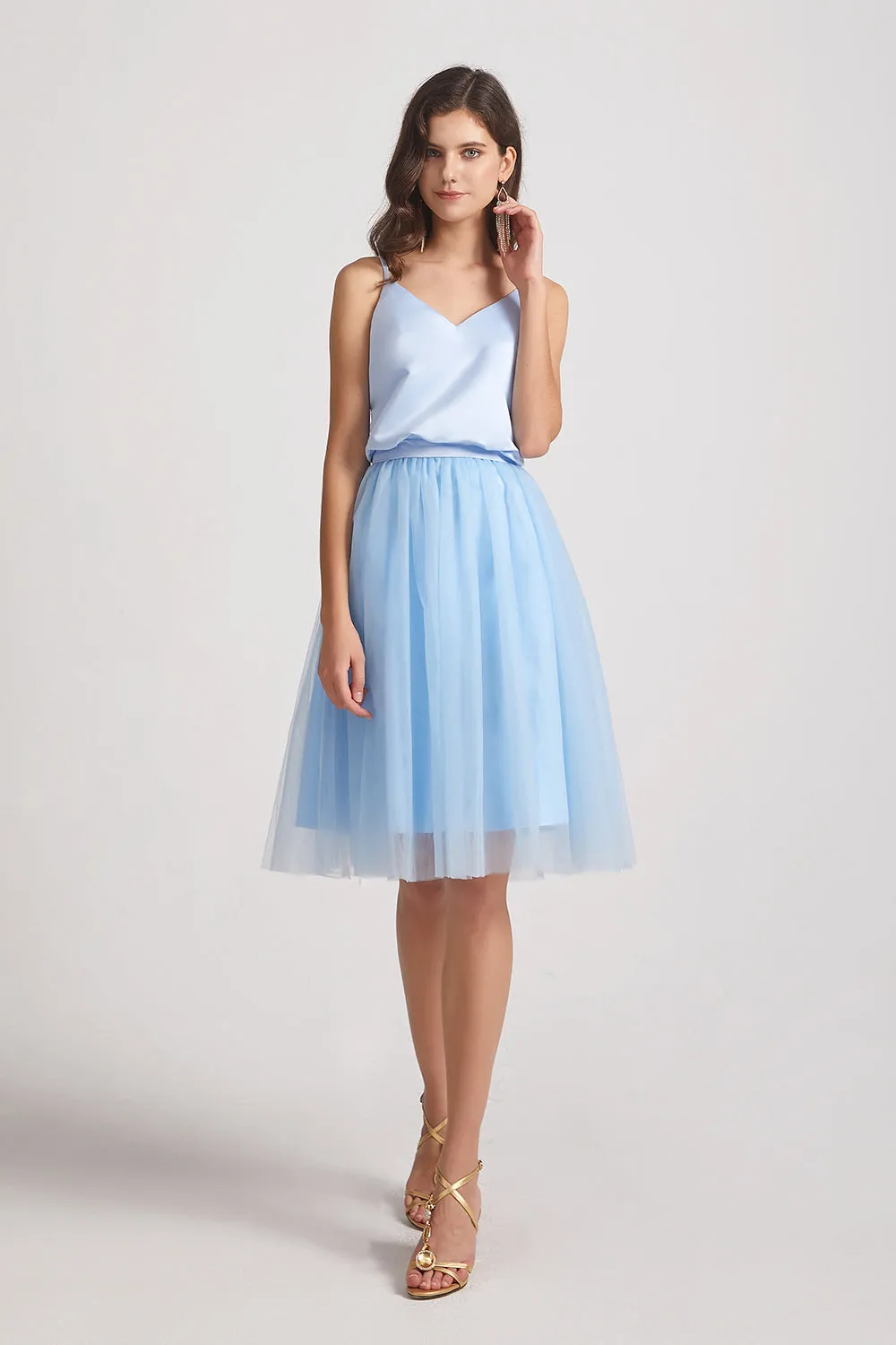 Cute V-Neck Satin Top Tulle Skirt Short Dress (AF0147)