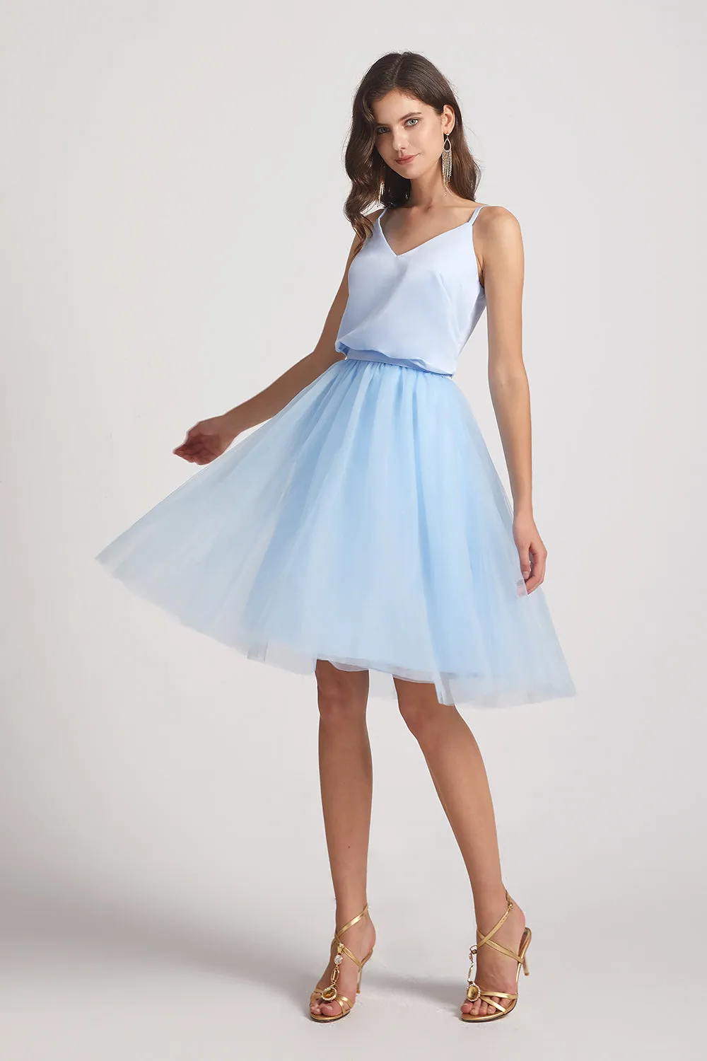 Cute V-Neck Satin Top Tulle Skirt Short Dress (AF0147)