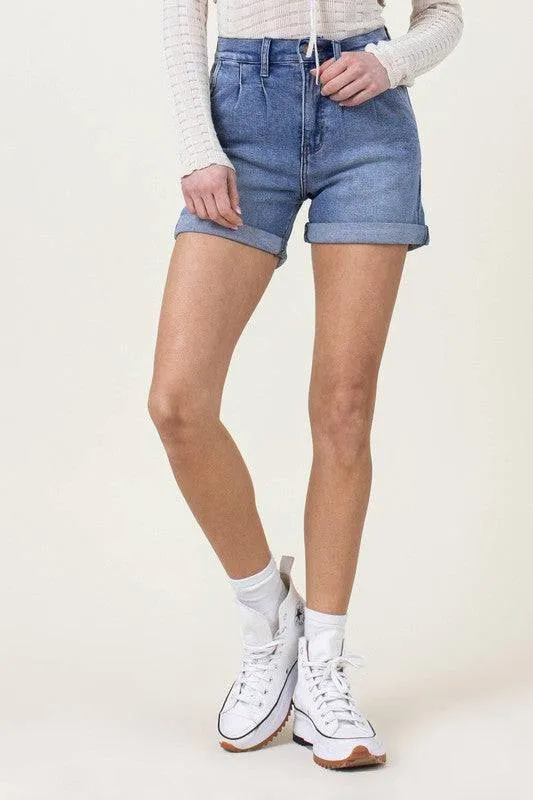 Denim Shorts with Pin Tuck Detail