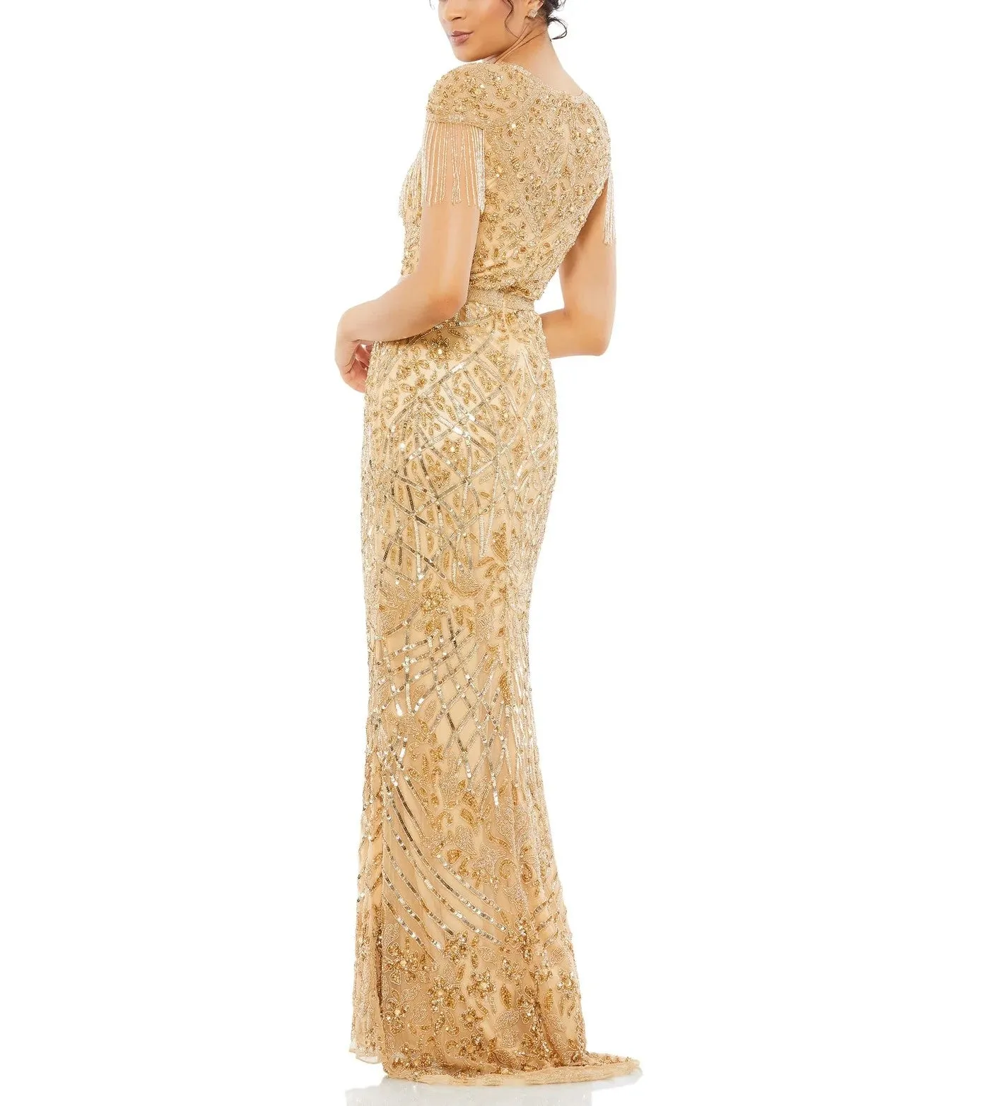 Embellished Fringe Cap Sleeve Trumpet Gown