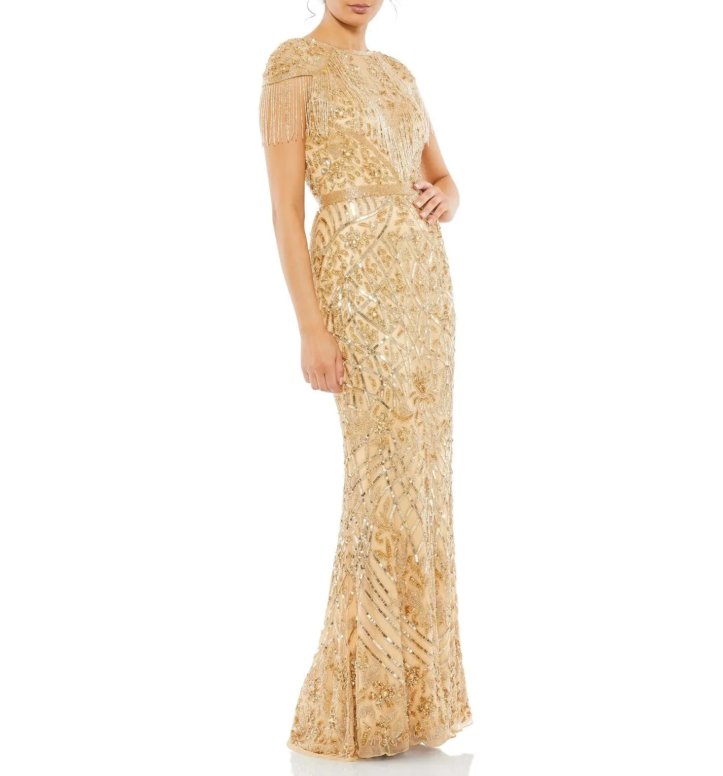 Embellished Fringe Cap Sleeve Trumpet Gown