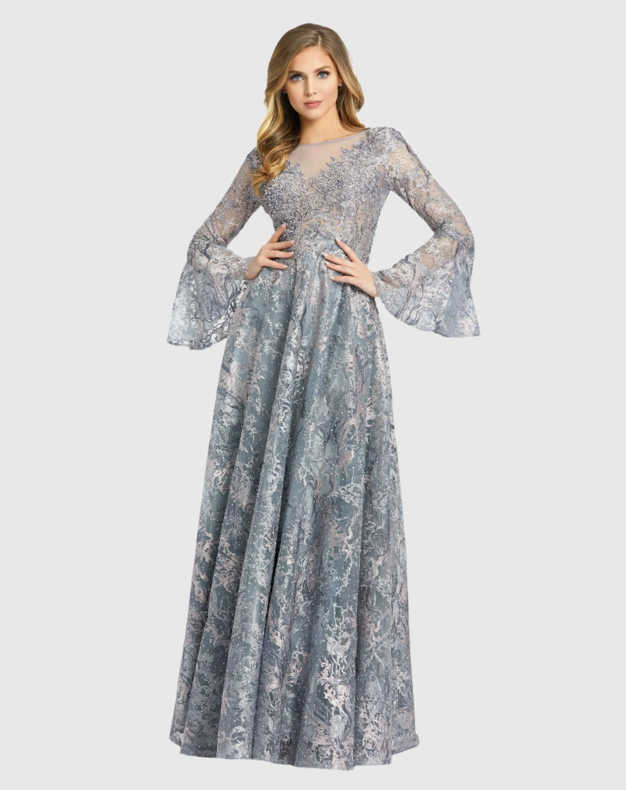 Embellished Illusion Bell Sleeve A Line Gown