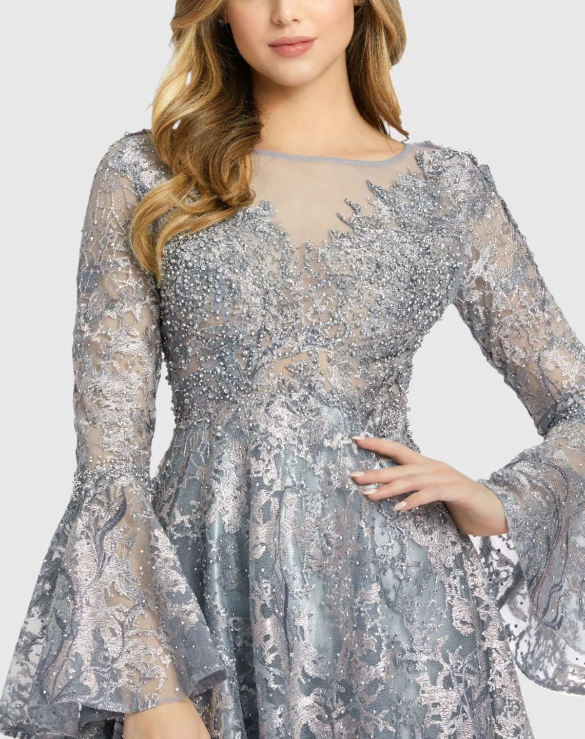 Embellished Illusion Bell Sleeve A Line Gown