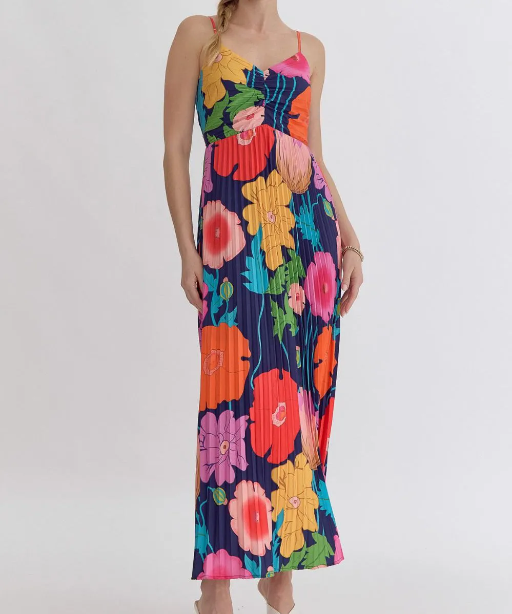 Floral Pleated Maxi Dress - Navy