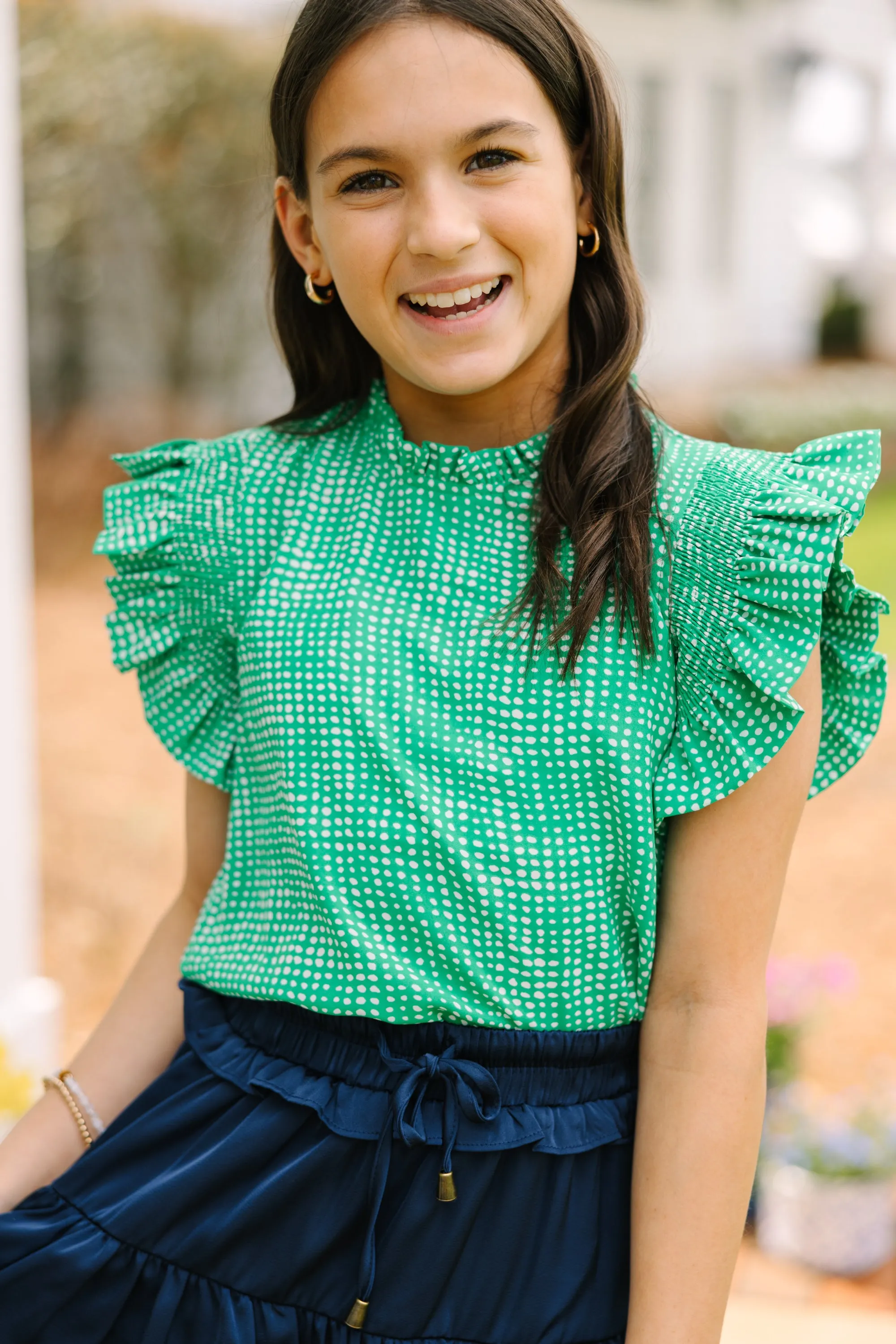 Girls: Make My Day Green Abstract Ruffled Top