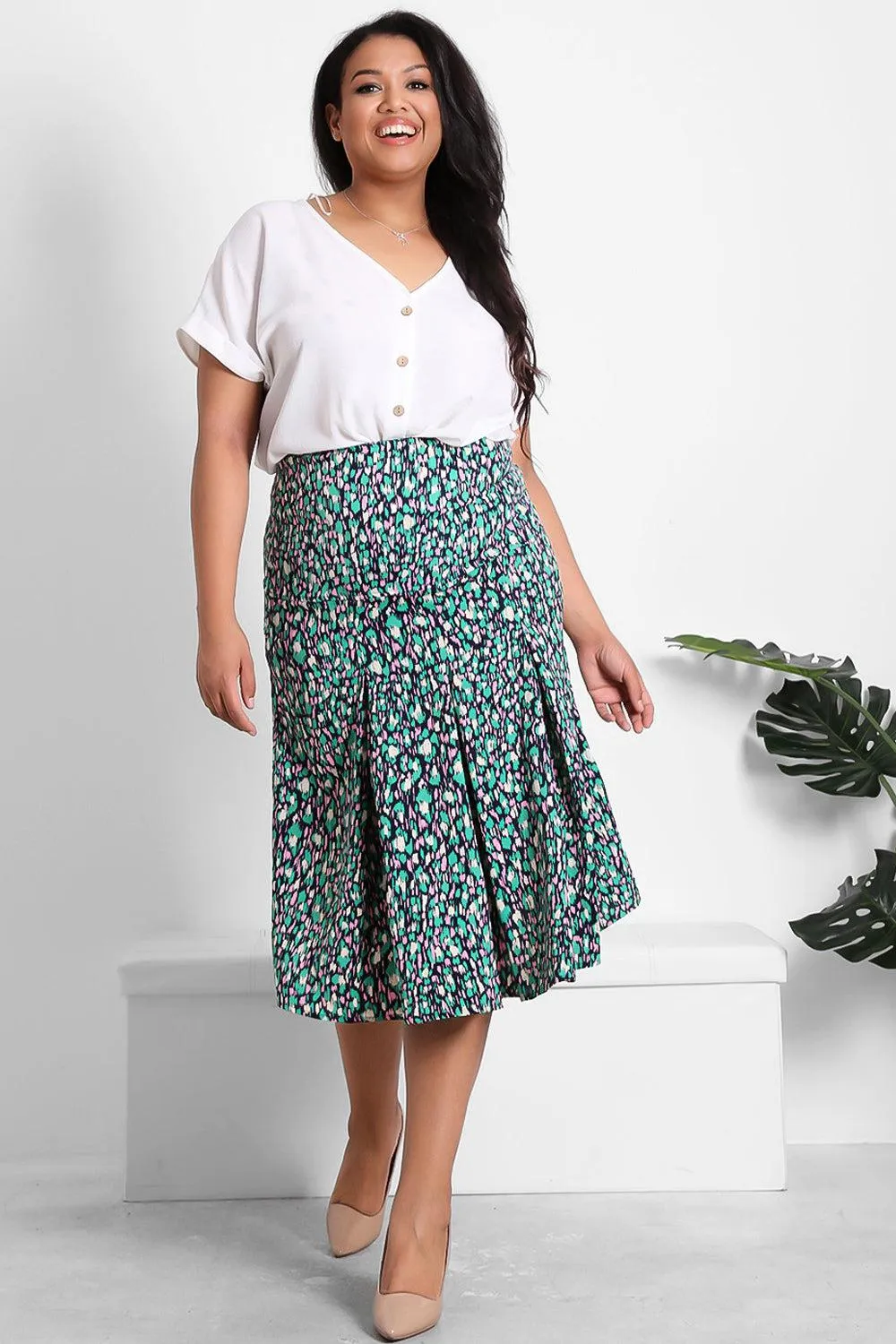 Green Pink Brush Strokes Print Satin Skirt