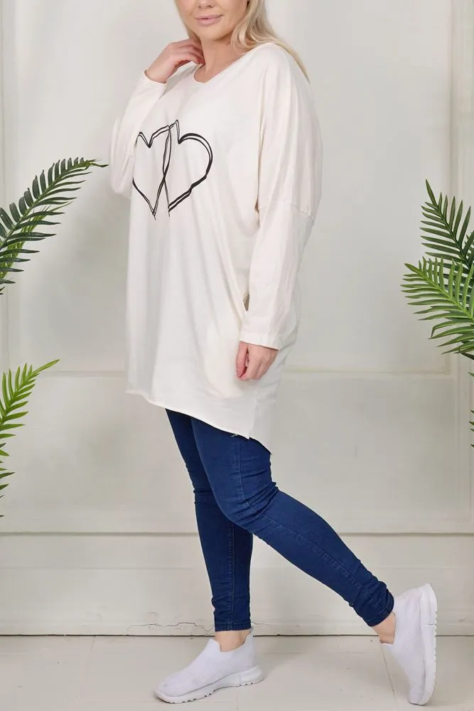 Heart Print Dipped Hem Cotton Top