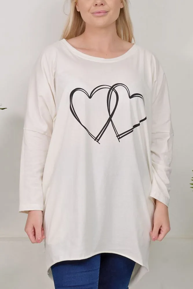 Heart Print Dipped Hem Cotton Top