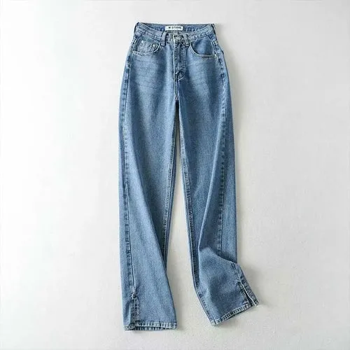 High Waist Split Jeans With Pockets Women Autumn Winter Floor Length