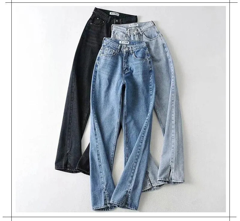 High Waist Split Jeans With Pockets Women Autumn Winter Floor Length