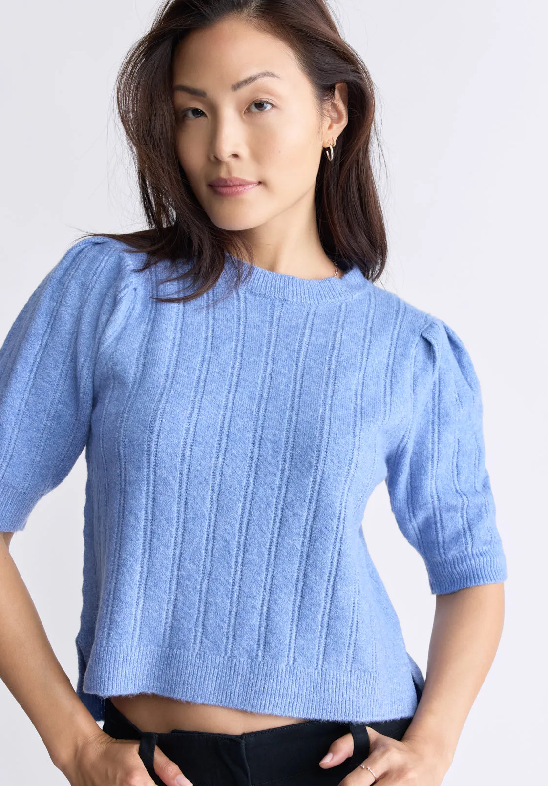 Jaxie Women's Elbow-Length Puff-Sleeve Pointelle-Knit Sweater, Heather Blue - SW0076F