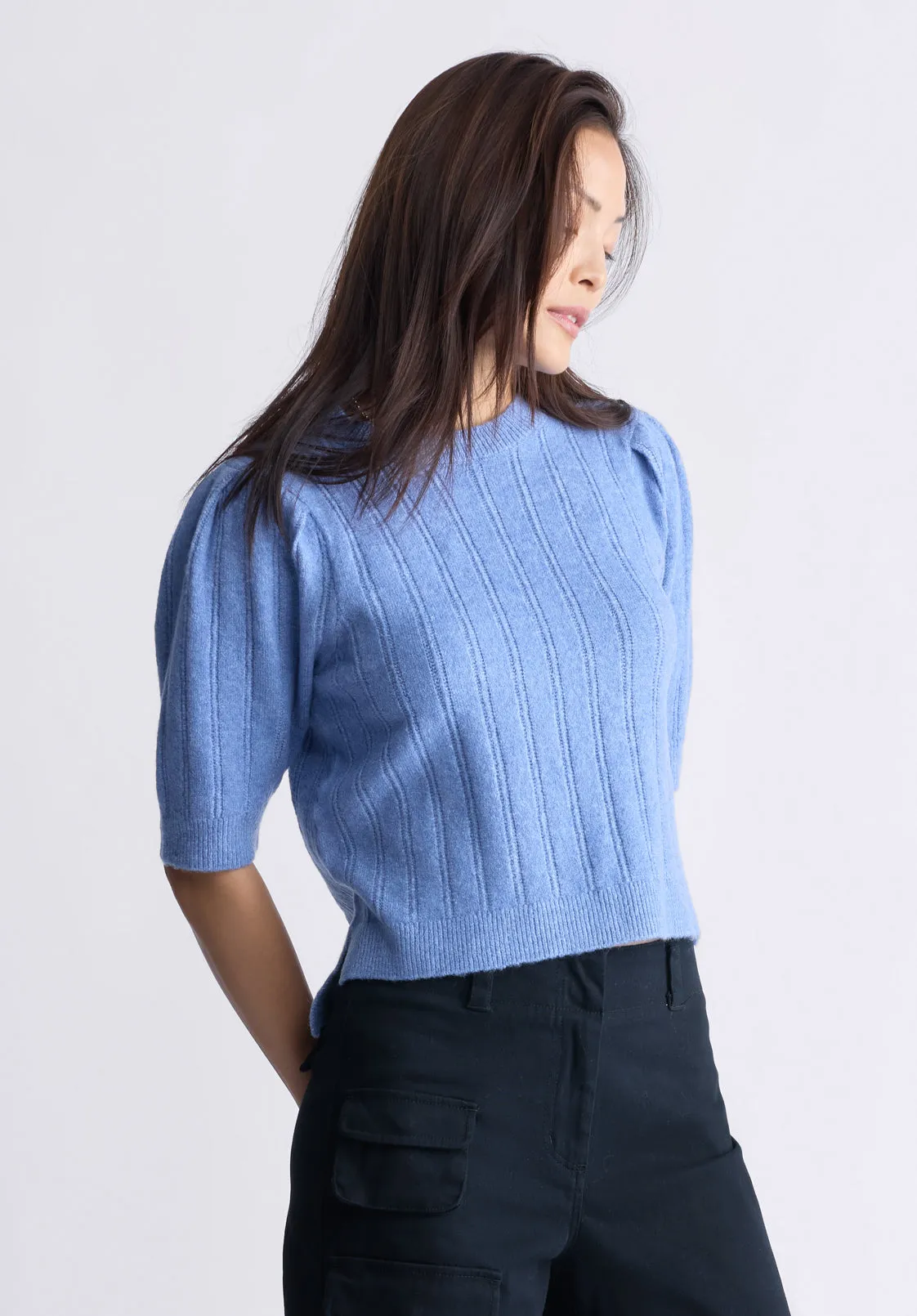 Jaxie Women's Elbow-Length Puff-Sleeve Pointelle-Knit Sweater, Heather Blue - SW0076F