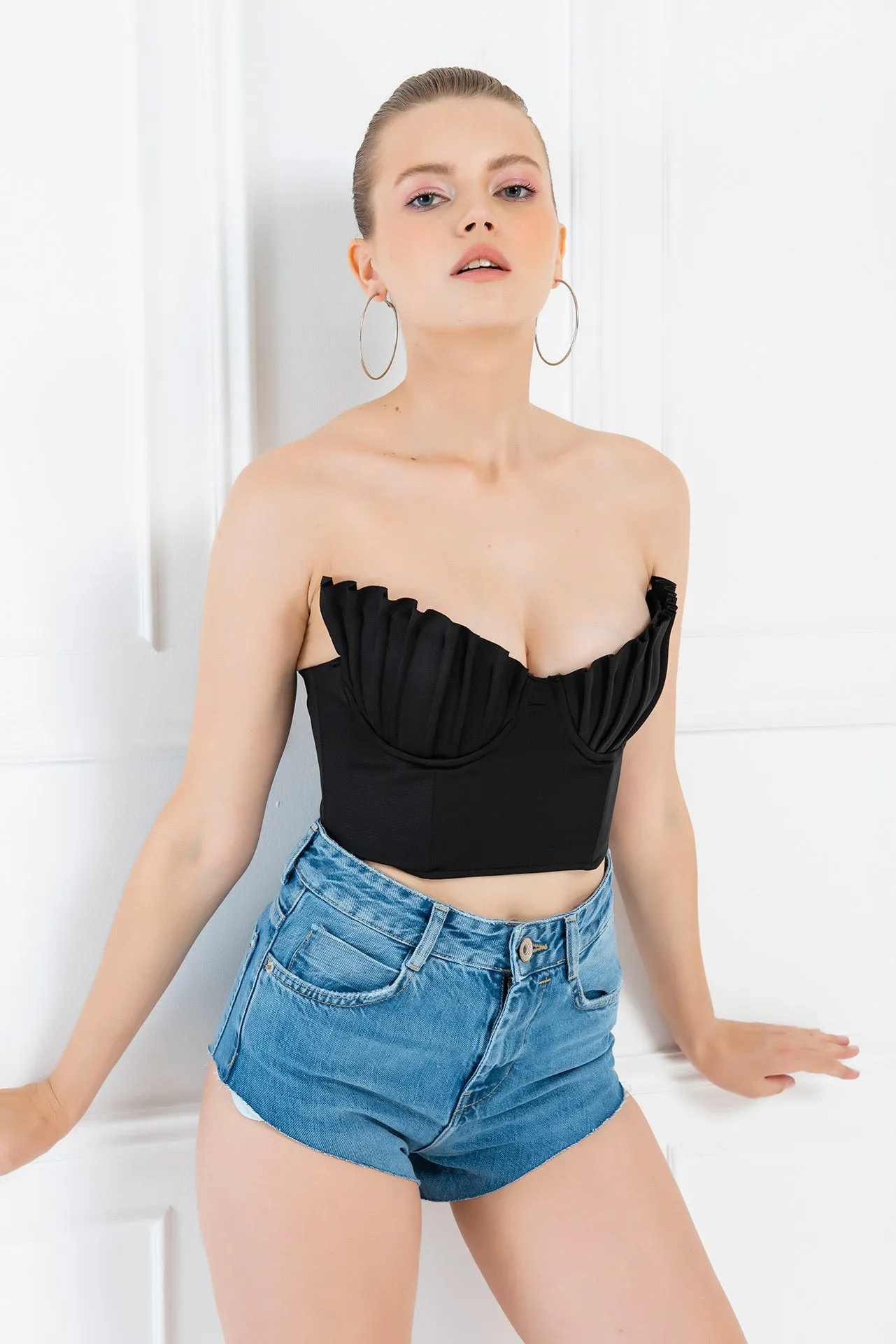 Kiki Riki Ariel Pleated Shell Bust Crop Bustier Top - Black