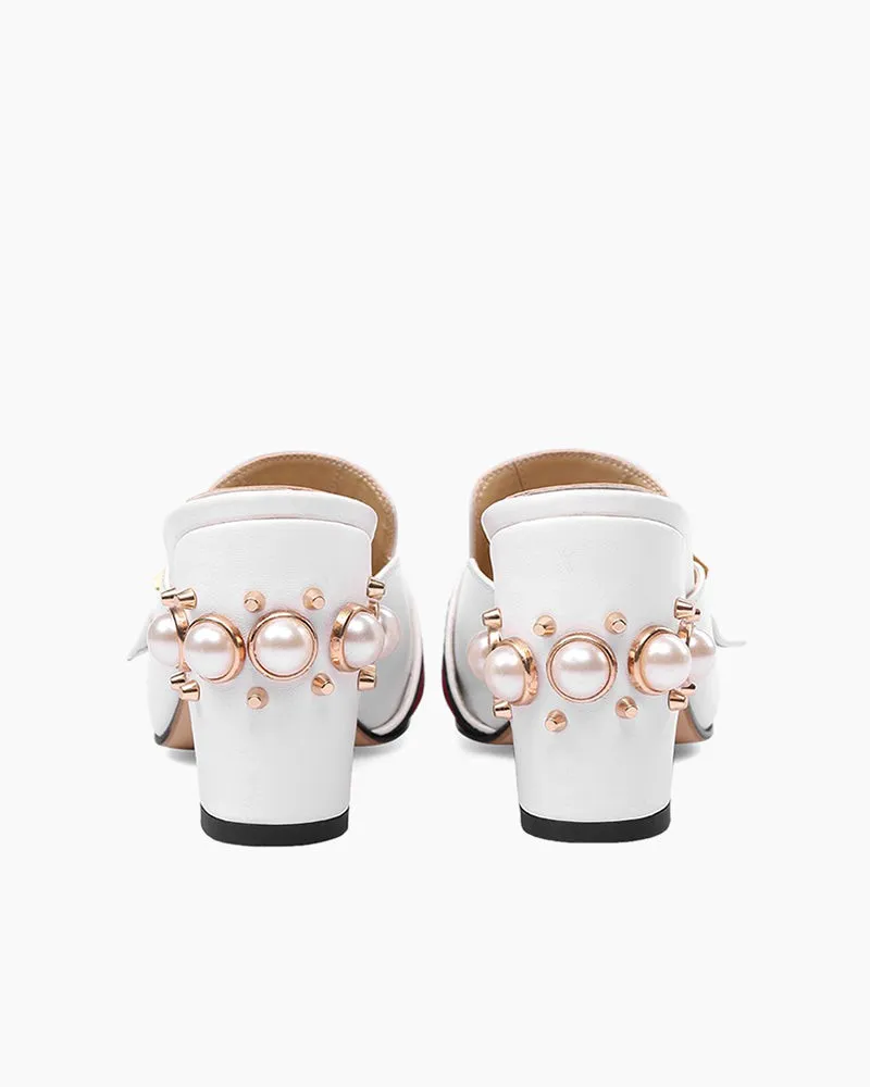 Metal Pearl Decoration Chunky Heel Mules